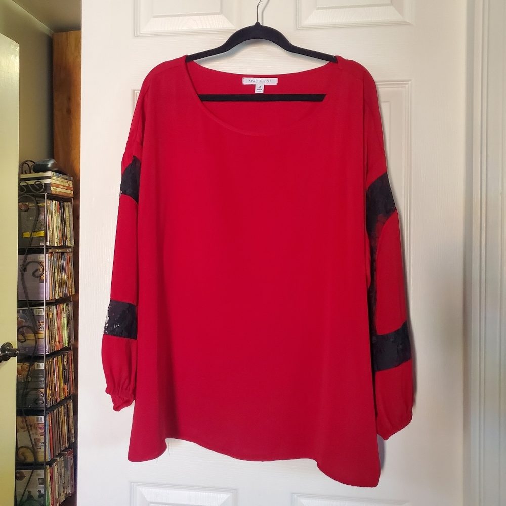 Worthington Red Scoop Neck Blouse with Black Lace Insets